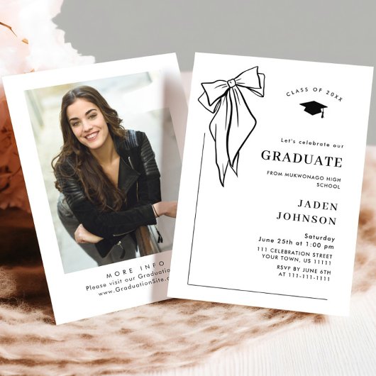 Trendy Black Bow Ribbon FOTO Graduation Party Einladung
