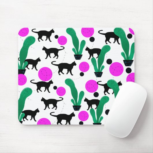 Trendy Black Cat and Cactus Pattern Mousepad (Mit Mouse)