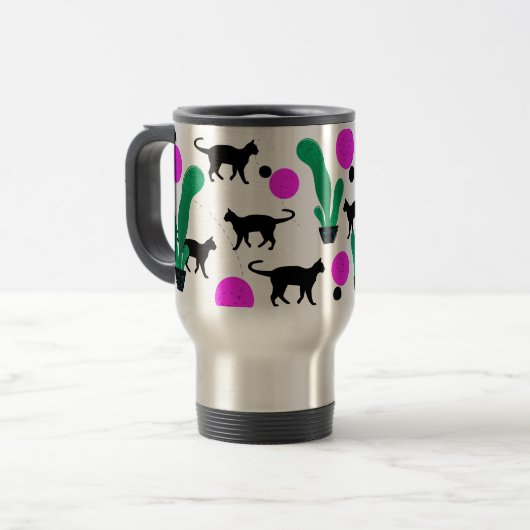 Trendy Black Cat and Cactus Pattern Reisebecher (Vorderseite Links)