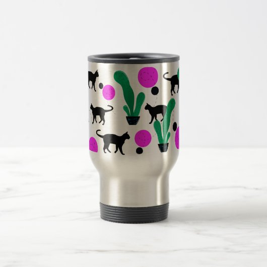 Trendy Black Cat and Cactus Pattern Reisebecher (Mittel)