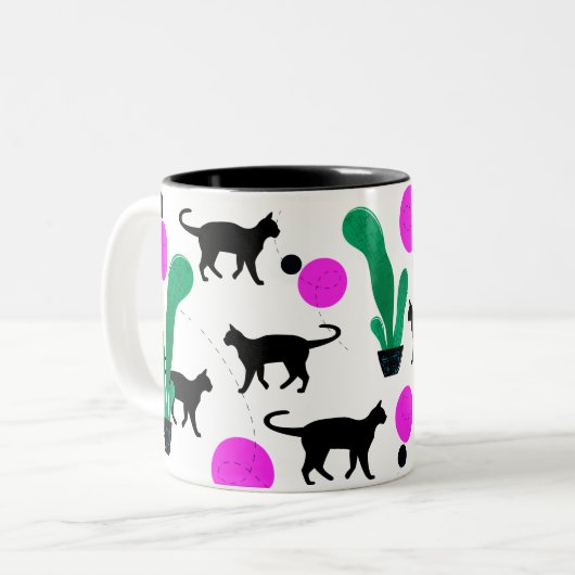 Trendy Black Cat and Cactus Pattern Zweifarbige Tasse (Vorderseite Links)