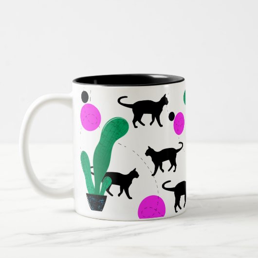 Trendy Black Cat and Cactus Pattern Zweifarbige Tasse (Links)