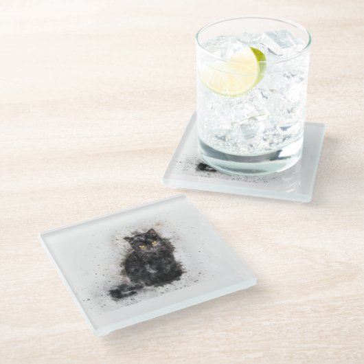 Trendy Black Cat stört Bild Glasuntersetzer (Schrägansicht)