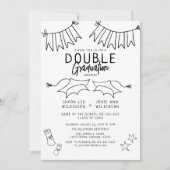 Trendy Black Doodle Double Graduation Party Einladung (Vorderseite)