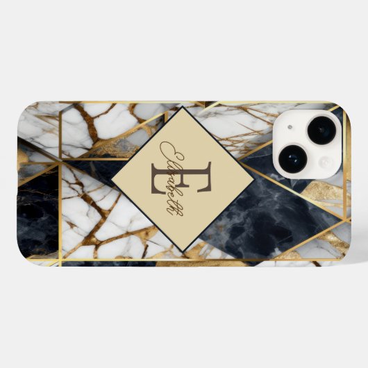 Trendy Black Gold Geometric Marble Monogram Case-Mate iPhone Hülle (Rückseite (Horizontal))