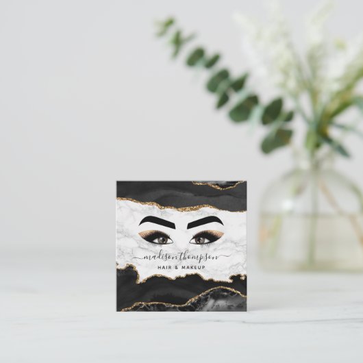 Trendy Black & Gold Girly Makeup Artist Quadratische Visitenkarte (Stehend Vorderseite)