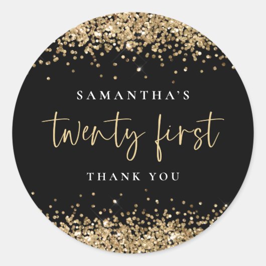 Trendy Black Gold Glitzer Name 21. Vielen Dank Runder Aufkleber (Vorderseite)