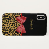 Trendy Black Gold Leopard Print Red Bow und Name Case-Mate iPhone Hülle (Rückseite (Horizontal))