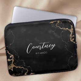 Trendy Black & Gold Marble Script Monogram Name Laptopschutzhülle
