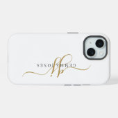 Trendy Black Gold Monogram Initial Script Name iPhone 15 Hülle (Rückseite (Horizontal))