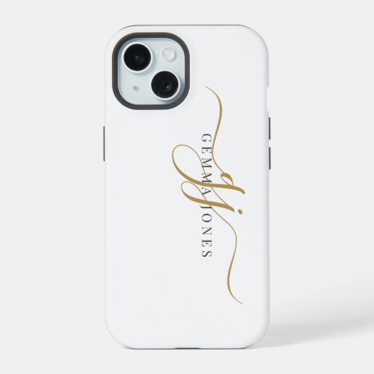 Trendy Black Gold Monogram Initial Script Name iPhone 15 Hülle (Rückseite)
