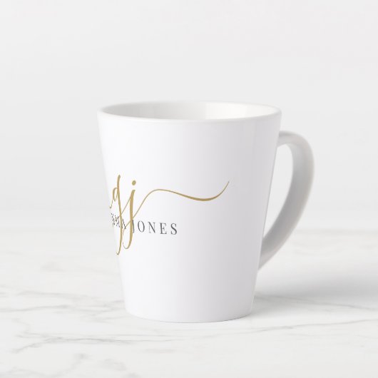 Trendy Black Gold Monogram Initial Script Name Milchtasse (Rechte Ecke)