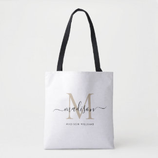 Trendy Black Gold Monogram Initial Script Name Tot Tasche