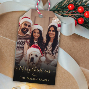 Trendy Black Gold Script Family Foto Weihnachten Geschenkanhänger