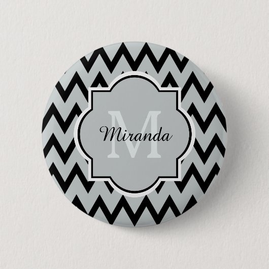 Trendy Black Gray Zickzack Zigzag Name und Monogra Button (Vorderseite)