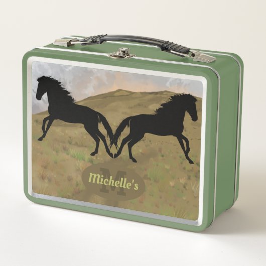 Trendy Black Horses Monogram Metal Lunch Box (Vorderseite)
