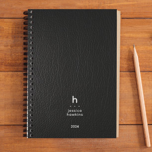 Trendy Black Leather Modern Monogram Weekly Planer