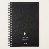 Trendy Black Leather Modern Monogram Weekly Planer (Vorderseite)