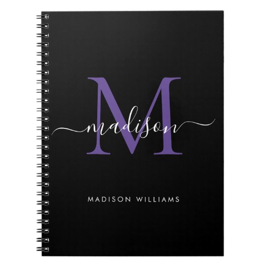Trendy Black Lila Violet Monogram Script Name Notizblock (Vorderseite)
