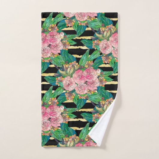 Trendy Black Pink Blume Gold Streifen Botanisch Badhandtuch Set (Handtuch)