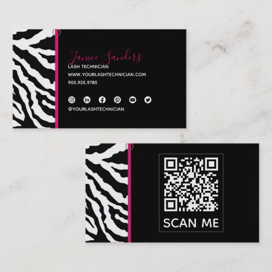 Trendy Black & Pink Zebra Print QR CODE Visitenkarte (Vorne/Hinten)