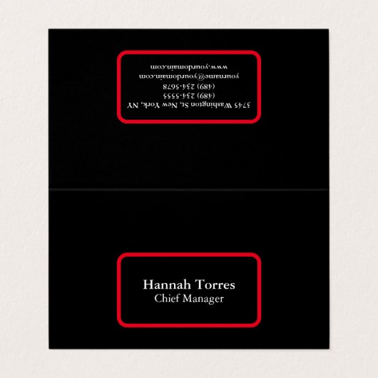 Trendy Black & Red Schlicht Creative Modern Visitenkarten (Außenseite Aufgefaltet)