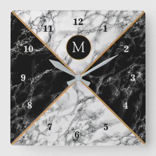 Trendy Black & White Check Marble -Add Your Letter Quadratische Wanduhr