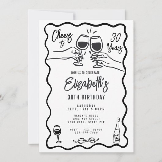 Trendy Black & White Cheers bis 30 Jahre Geburtsta Einladung (Vorderseite)