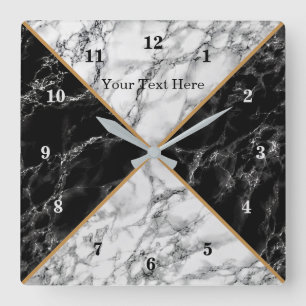 Trendy Black & White Karo Marmor - Text hinzufügen Quadratische Wanduhr