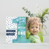 Trendy | Blau | Aquarell | Erster Geburtstag | Einladung (Stehend Vorderseite)