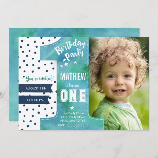 Trendy | Blau | Aquarell | Erster Geburtstag | Einladung (Vorne/Hinten)