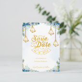 Trendy Blau gelbe Blüte mit Lanterns Wedding Ankündigungspostkarte (Stehend Vorderseite)