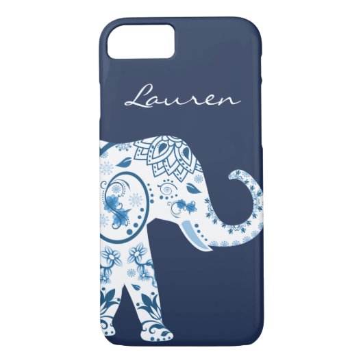 Trendy blauer Bohemischer Lotos-Elefant u. Name Case-Mate iPhone Hülle (Rückseite)