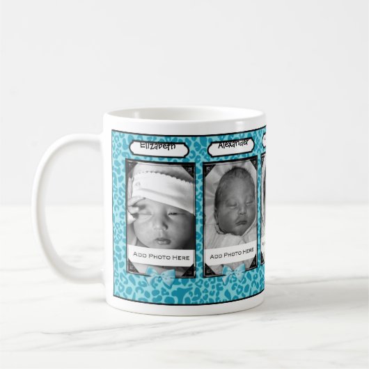 Trendy blaues Leopard-Baby-Foto und Name Kaffeetasse (Links)