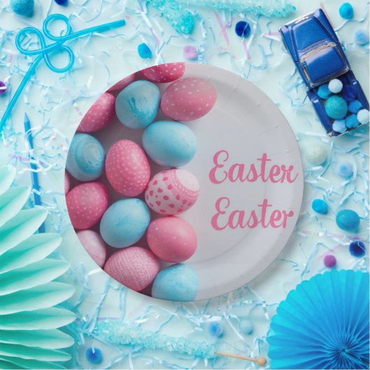 Trendy Blue and Pink Easter Eggs Pattern Paper Pappteller (Party)