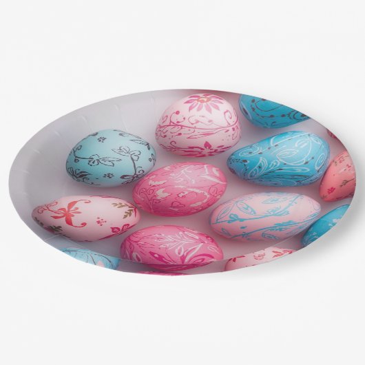 Trendy Blue and Pink Easter Eggs Pattern Paper  Pappteller (Schrägansicht)