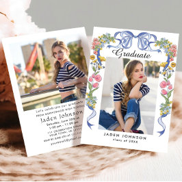 Trendy Blue Bow Coquette 2 FOTO Graduation Party Einladung