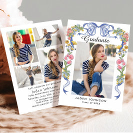 Trendy Blue Bow Coquette 5 FOTO Graduation Party Einladung