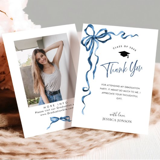 Trendy Blue Bow Coquette FOTO Abschluss Dankeskarte