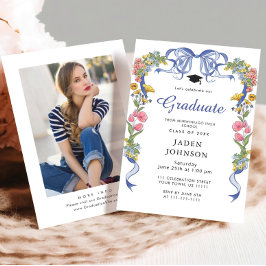 Trendy Blue Bow Coquette FOTO Graduation Party Einladung