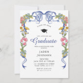 Trendy Blue Bow Coquette FOTO Graduation Party Einladung (Vorderseite)