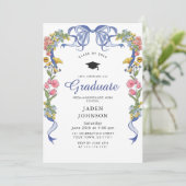 Trendy Blue Bow Coquette FOTO Graduation Party Einladung (Stehend Vorderseite)