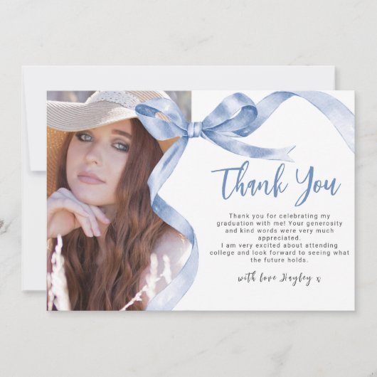 Trendy Blue Bow Foto Abschluss Dankeskarte (Vorderseite)