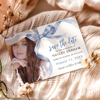Trendy Blue Bow Photo Graduation Save The Date