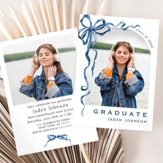 Trendy Blue Bow Ribbon 2 FOTO Graduation Party Einladung