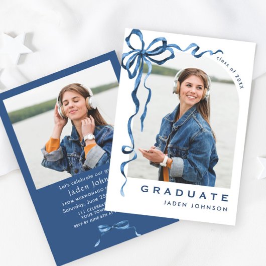 Trendy Blue Bow Ribbon 2 FOTO Graduation Party Einladung