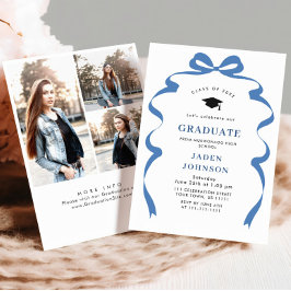 Trendy Blue Bow Ribbon 3 FOTO Graduation Party Einladung