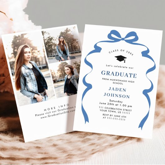 Trendy Blue Bow Ribbon 3 FOTO Graduation Party Einladung