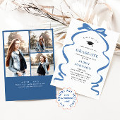 Trendy Blue Bow Ribbon 3 FOTO Graduation Party Einladung