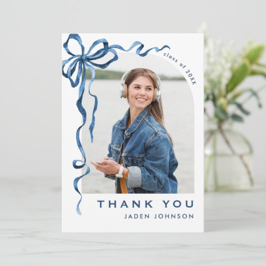 Trendy Blue Bow Ribbon 4 FOTO Abschluss Dankeskarte (Stehend Vorderseite)